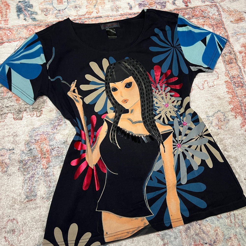 Y2K Custo Barcelona Black Tee with Floral and Figure Design